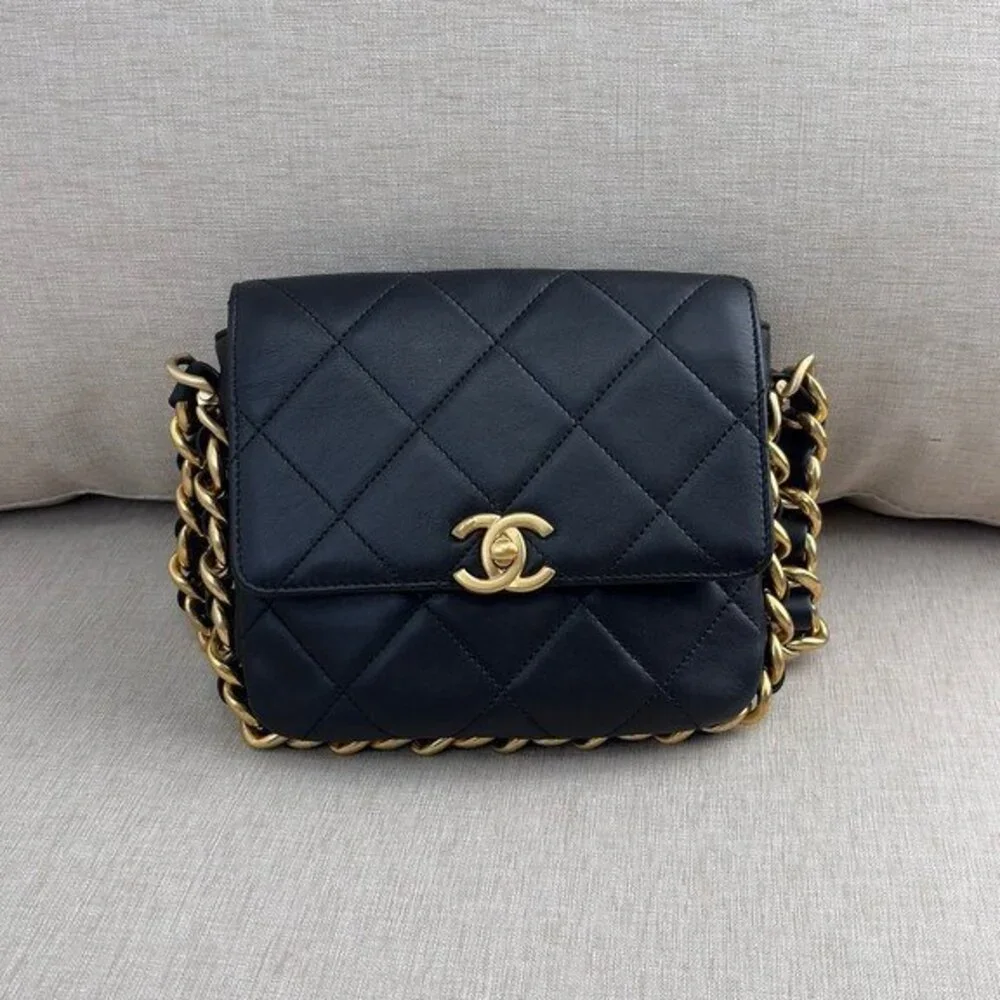 CHANEL Black Calfskin Square Flap Bag Mini GHW
